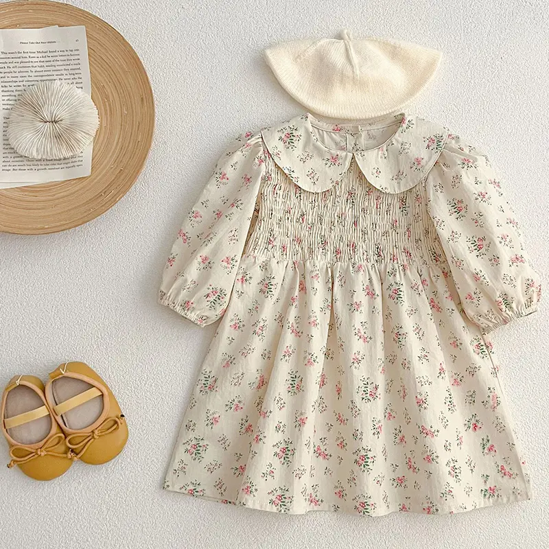 Baby Girls Floral Printed Dress Autumn Toddlers Girls Printed Princess Dresses Long Sleeve Ruffles Soft Cotton Baby Kids Dress