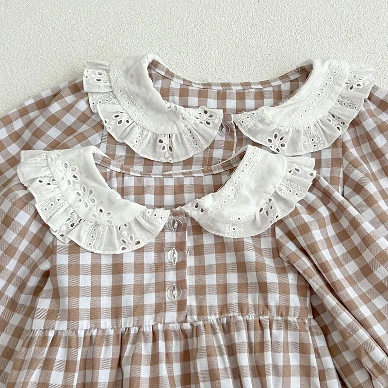 Spring Autumn Infant Kids Baby Girls Long Sleeve Grid Sisters Dress Doll Collar Newborn Kids Baby Girls Children Clothes Rompers
