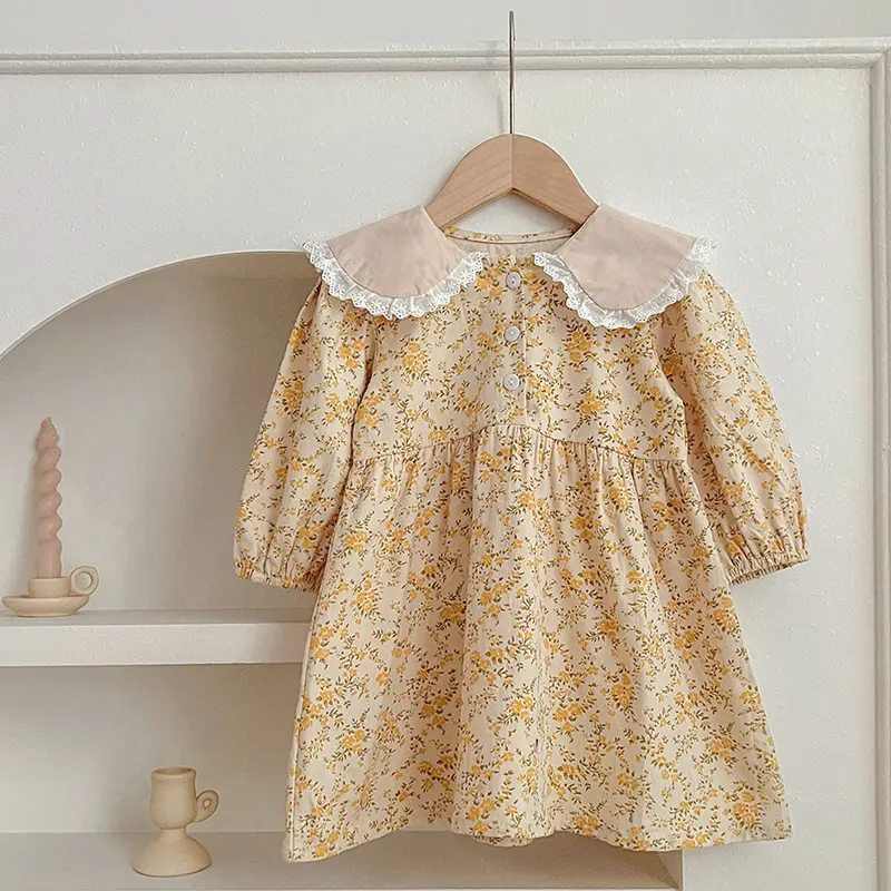 Autumn Baby Girls Doll Collar Dress Sweet Kid Baby Girls Dress Long Sleeve Flower Printing Princess Dress Children Clothes Dress