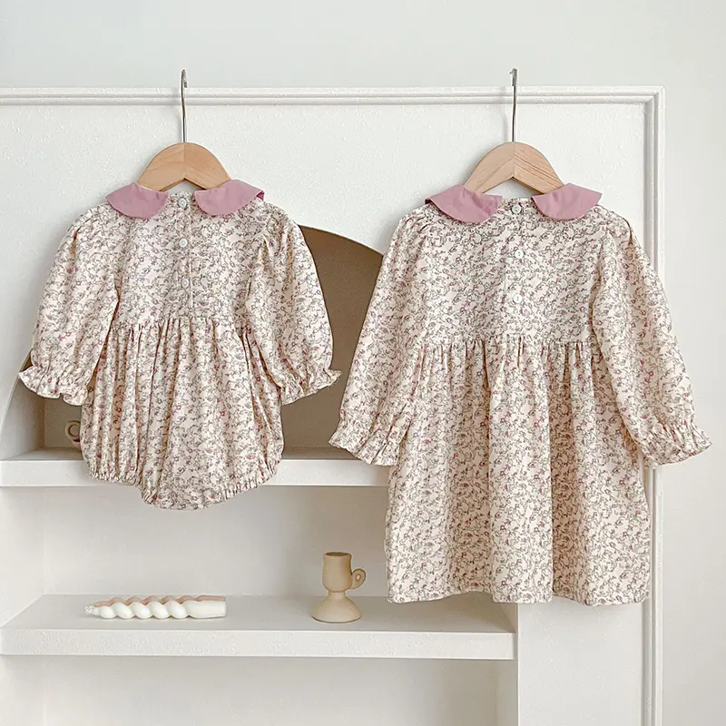Spring Autumn Kids Baby Girls Long Sleeve Sweet Sisters Printing Dress Infant Rompers Kids Baby Girls Princess Clothes Rompers