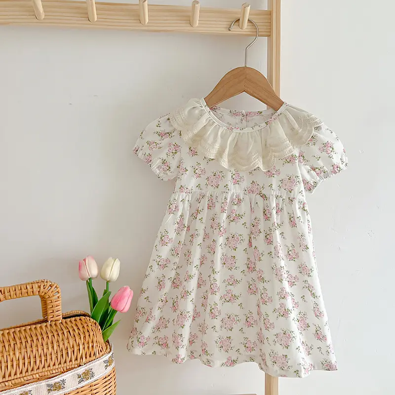 New Girls Dress Summer Princess Dress Short-Sleeved Pink Dress Lace Collar Floral Vestidos Children'S Clothing Baby Kids Clothes
