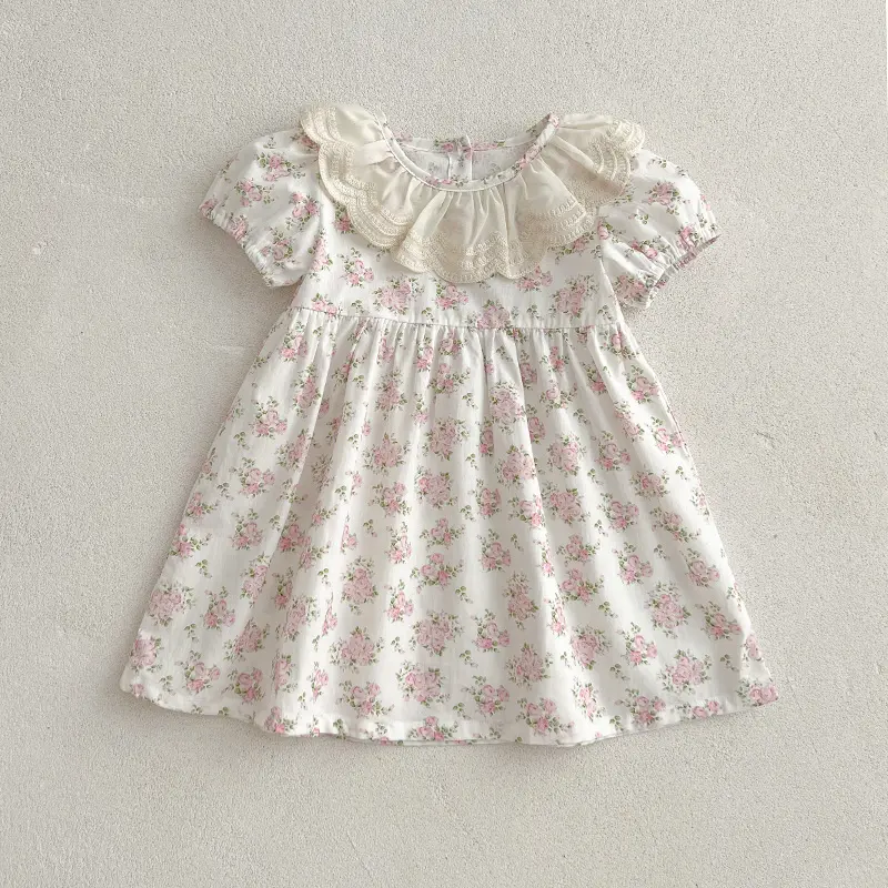 New Girls Dress Summer Princess Dress Short-Sleeved Pink Dress Lace Collar Floral Vestidos Children'S Clothing Baby Kids Clothes
