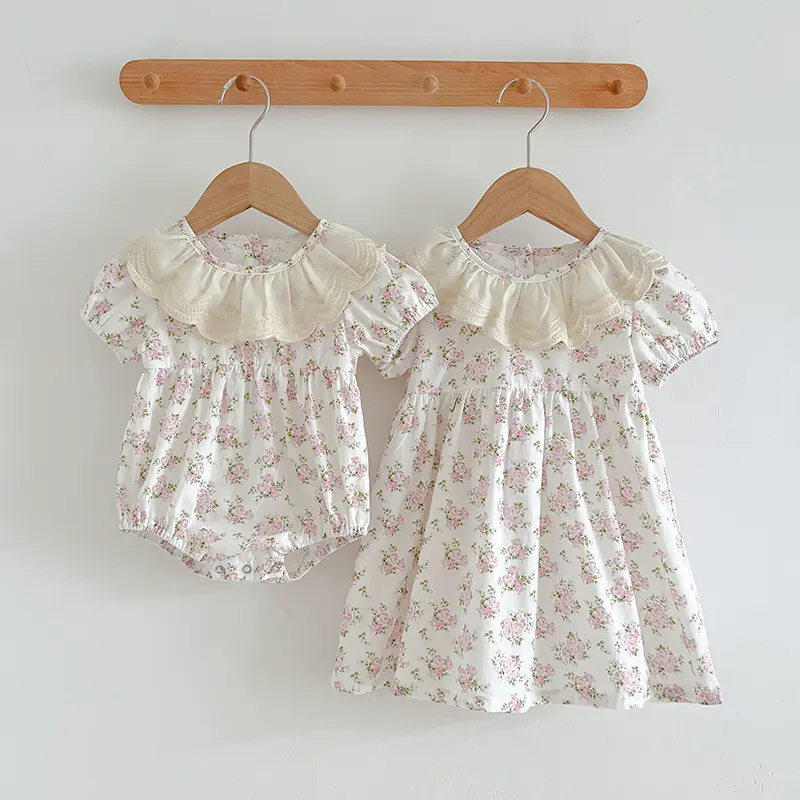 New Girls Dress Summer Princess Dress Short-Sleeved Pink Dress Lace Collar Floral Vestidos Children'S Clothing Baby Kids Clothes