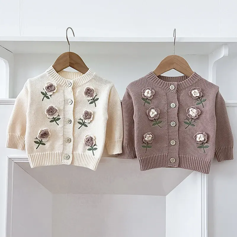 Autumn Infant Baby Girl Knitting Cardigan Cotton Flower Embroidery Long Sleeve Cardigan Coat Spring Toddler Baby Girls Sweater