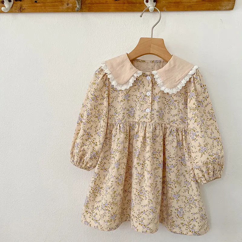 Autumn Baby Girls Doll Collar Dress Sweet Kid Baby Girls Dress Long Sleeve Flower Printing Princess Dress Children Clothes Dress