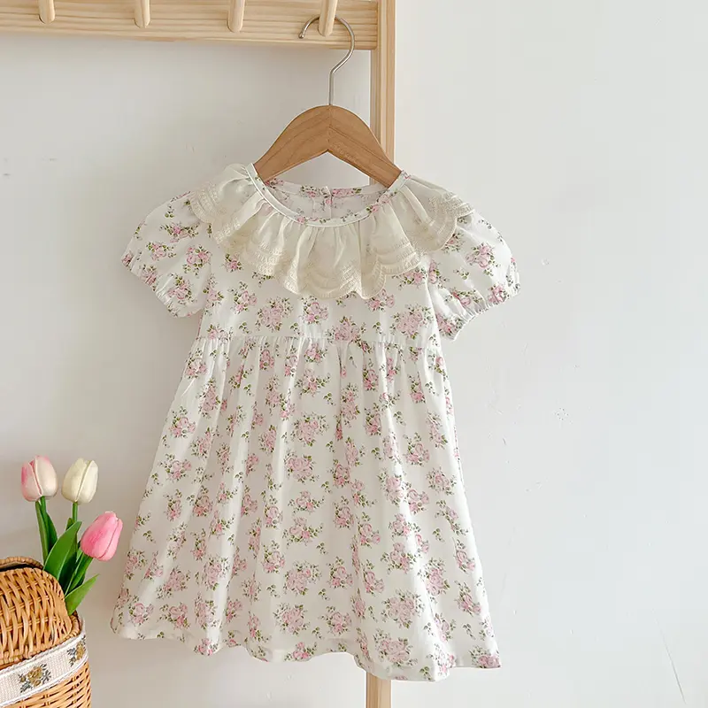 New Girls Dress Summer Princess Dress Short-Sleeved Pink Dress Lace Collar Floral Vestidos Children'S Clothing Baby Kids Clothes