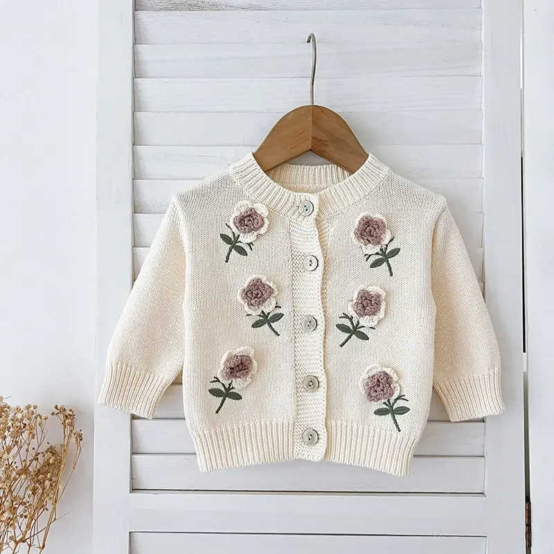 Autumn Infant Baby Girl Knitting Cardigan Cotton Flower Embroidery Long Sleeve Cardigan Coat Spring Toddler Baby Girls Sweater