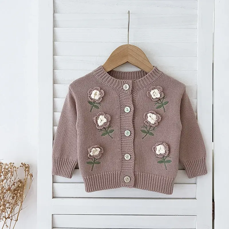 Autumn Infant Baby Girl Knitting Cardigan Cotton Flower Embroidery Long Sleeve Cardigan Coat Spring Toddler Baby Girls Sweater