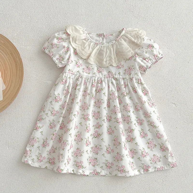 New Girls Dress Summer Princess Dress Short-Sleeved Pink Dress Lace Collar Floral Vestidos Children'S Clothing Baby Kids Clothes