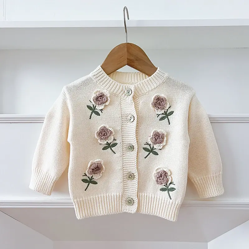 Autumn Infant Baby Girl Knitting Cardigan Cotton Flower Embroidery Long Sleeve Cardigan Coat Spring Toddler Baby Girls Sweater