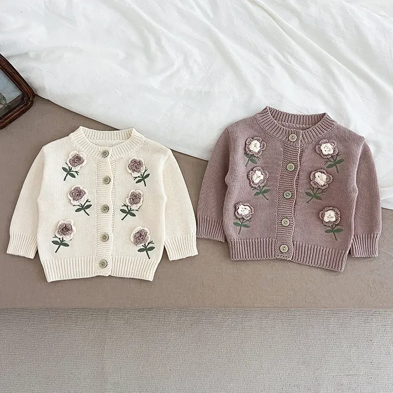 Autumn Infant Baby Girl Knitting Cardigan Cotton Flower Embroidery Long Sleeve Cardigan Coat Spring Toddler Baby Girls Sweater