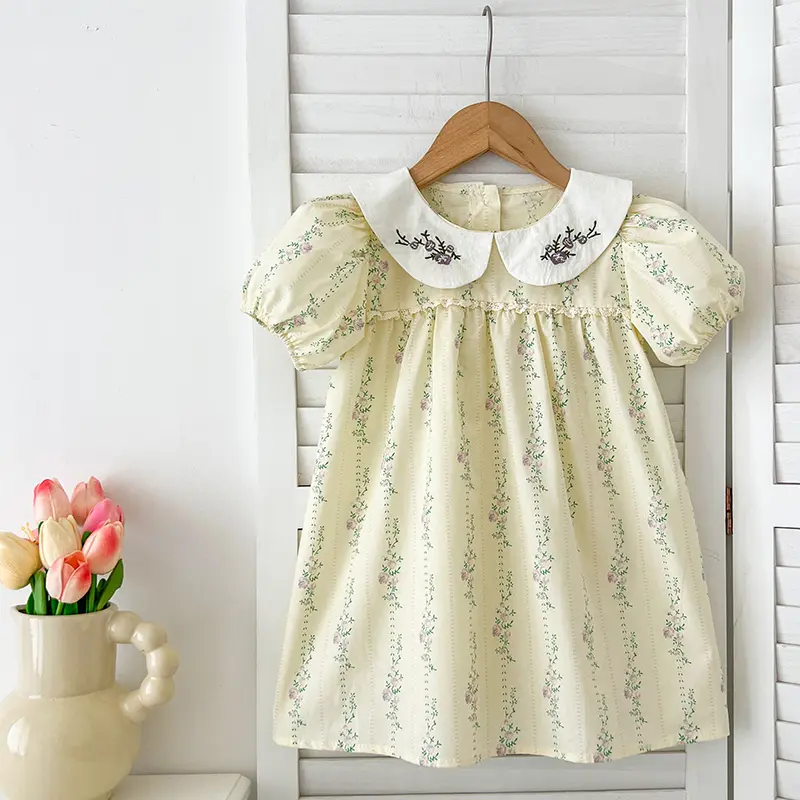 New Girls Clothes 1-6Yrs Baby Girls Dresses Floral Purple Puff Sleeve Dress Summer Dresses Embroidered Collar Boutique Clothes