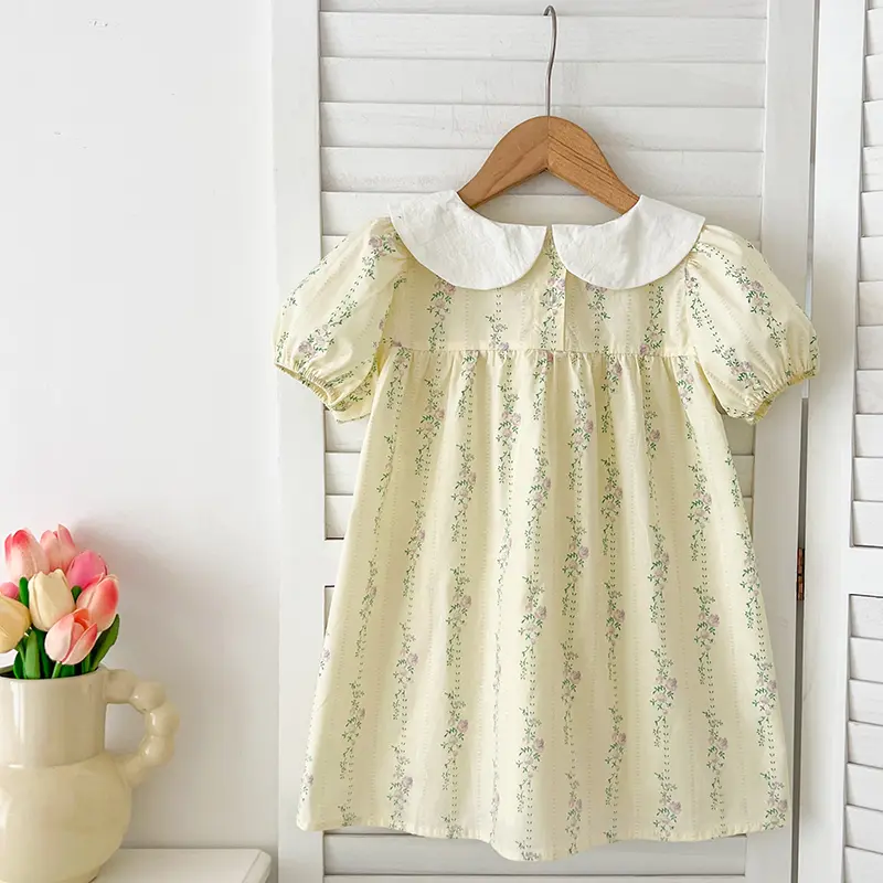 New Girls Clothes 1-6Yrs Baby Girls Dresses Floral Purple Puff Sleeve Dress Summer Dresses Embroidered Collar Boutique Clothes