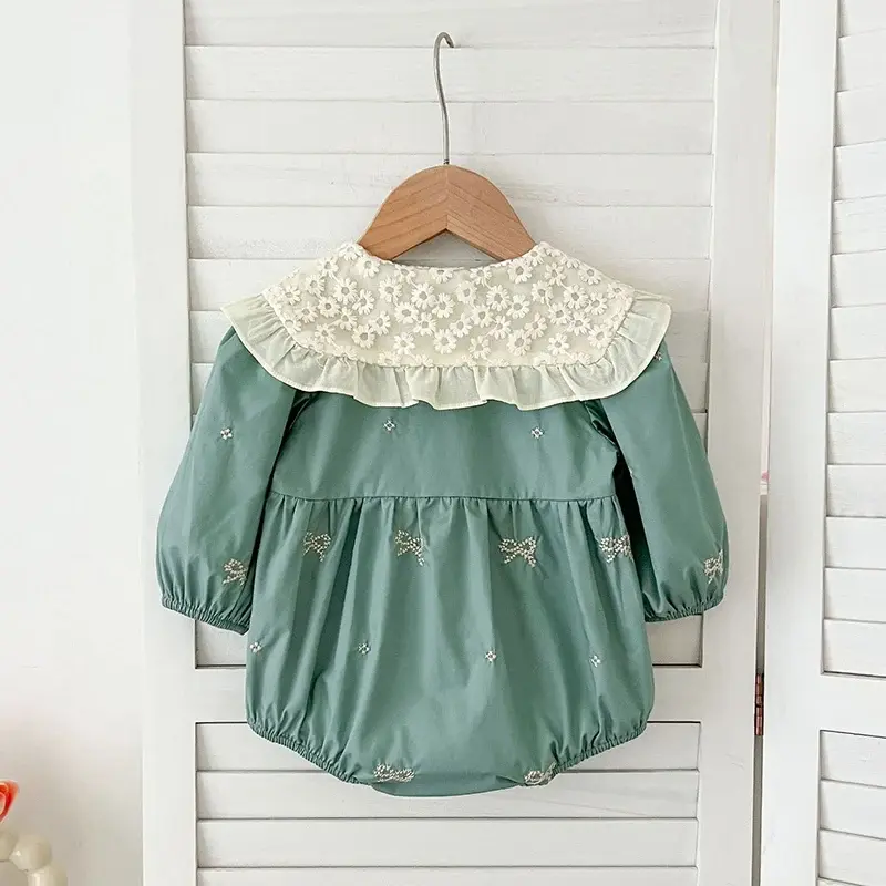 Newborn Clothes Kids Baby Girls Sweet Embroider Lace Collar Bow Princess Rompers Long Sleeve Autumn Infant Baby Girls Rompers