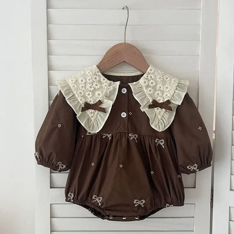 Newborn Clothes Kids Baby Girls Sweet Embroider Lace Collar Bow Princess Rompers Long Sleeve Autumn Infant Baby Girls Rompers
