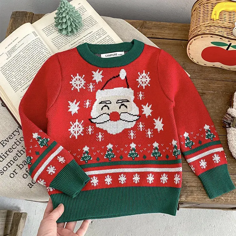 Christmas Boys Girls Sweaters Winter Children Cartoon Santa Claus Knitted Pullover Sweaters Warm Outerwear Kids Casual Clothing