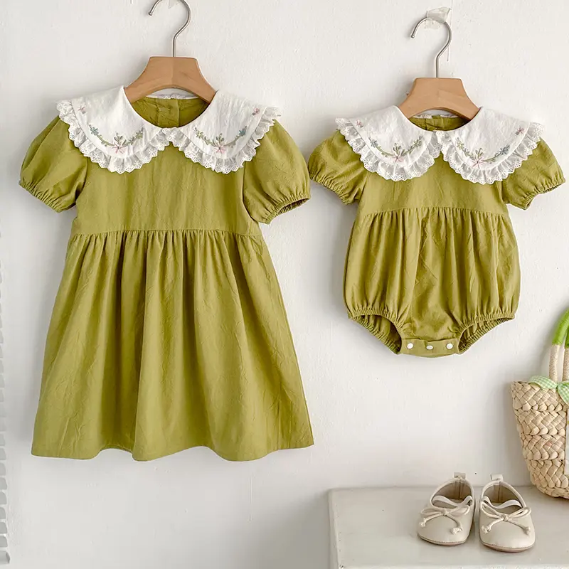0-6Yrs Summer Sister Baby Girl Clothes Embroidery Lace Floral Toddler Girls Dress Newborn Infant Baby Romper Twin Princess Dress