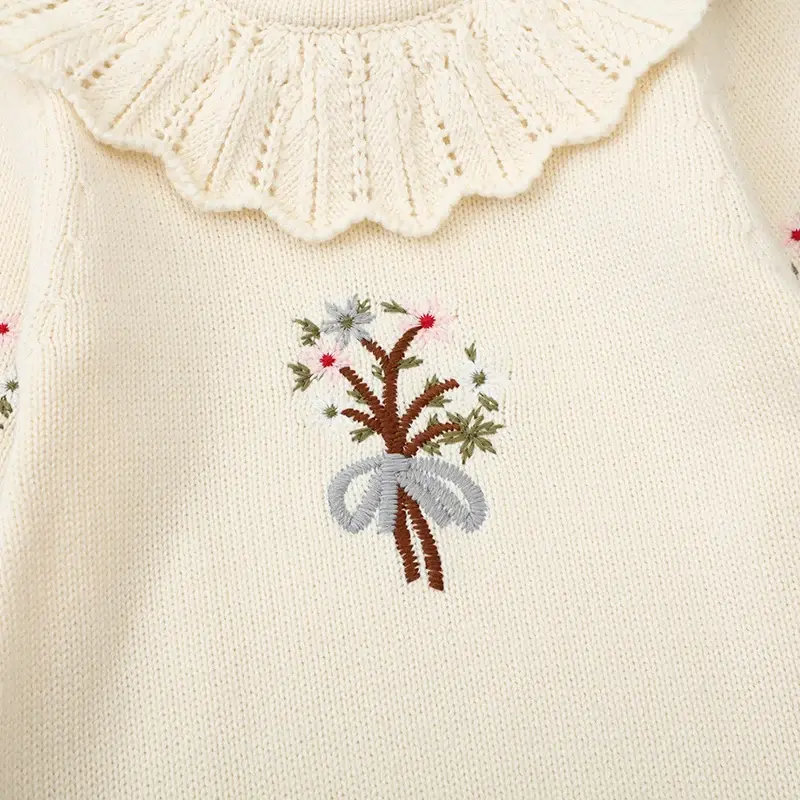 Autumn Newborn Baby Girl Romper Knit Ruffle Embroider Long Sleeve Jumpsuit Princess Infant Lace Romper Toddler Spring Clothing
