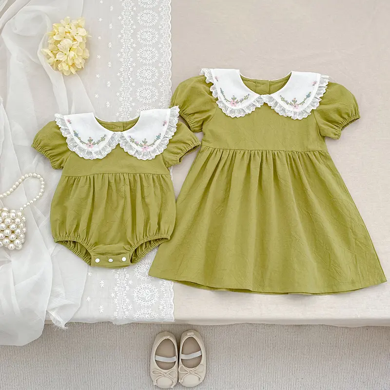 0-6Yrs Summer Sister Baby Girl Clothes Embroidery Lace Floral Toddler Girls Dress Newborn Infant Baby Romper Twin Princess Dress