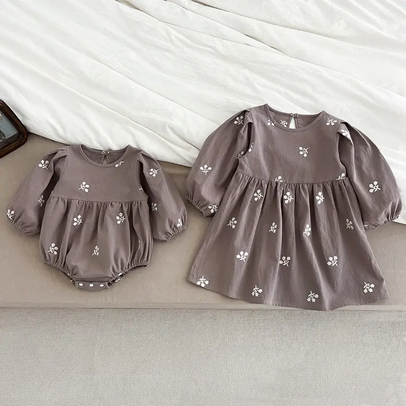2025 New Family Sister Matching Dress Outfit Baby Girls Clothes Long Sleeve Embroidered Girl Dress Baby Romper Princess Dresses