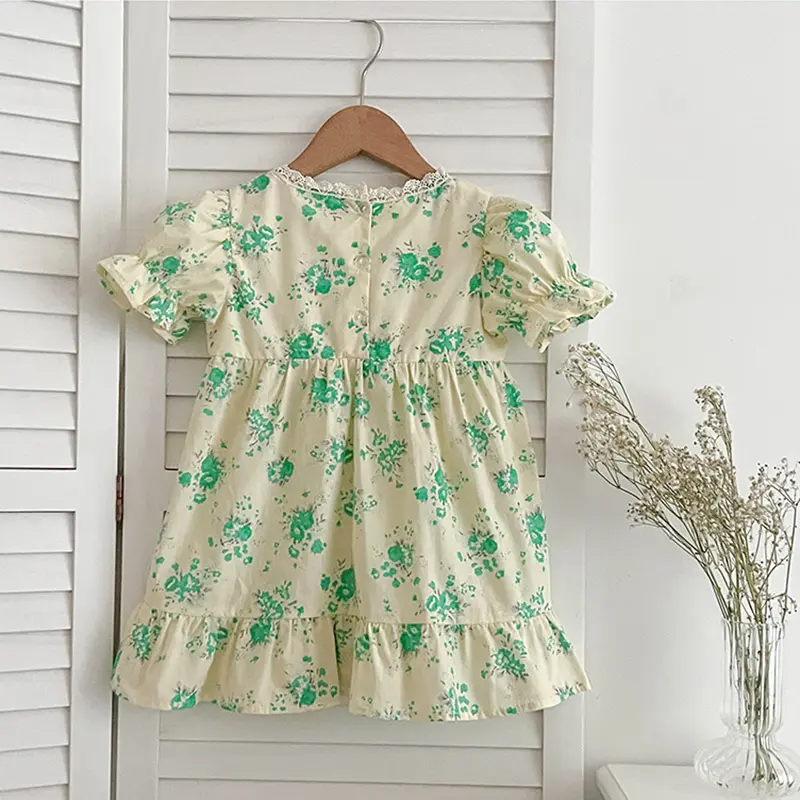 2025 Summer Girl's Sweet Dress Green Flowers Children's Lace Casual Dress Baby Kids Dress Sweet Elegant Girls Princess Dress