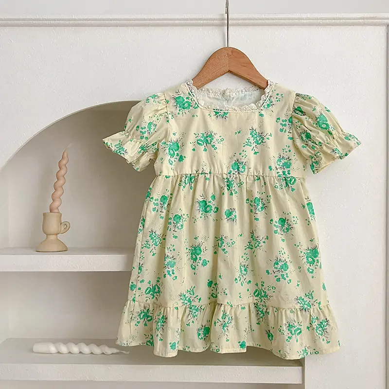 2025 Summer Girl's Sweet Dress Green Flowers Children's Lace Casual Dress Baby Kids Dress Sweet Elegant Girls Princess Dress