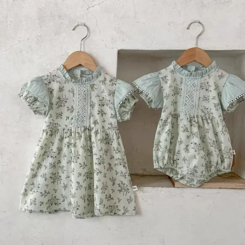 Matching Sister Outfit 0-6Y Baby Girls Clothes Kids Summer New Girls Short Sleeve ​Dress Plaid Flower Baby Romper Princess Dress