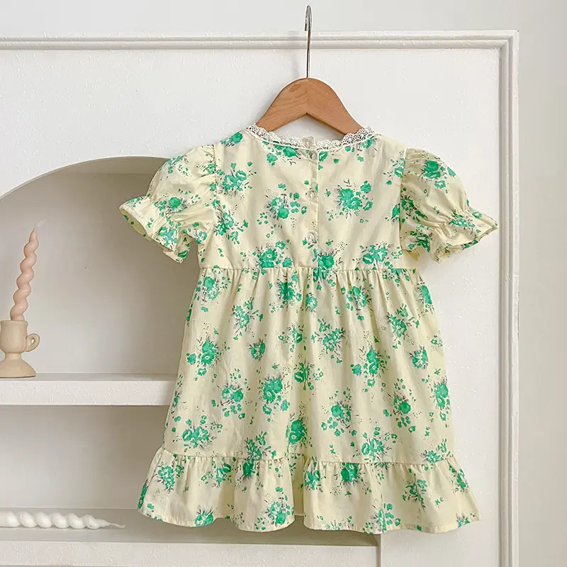 2025 Summer Girl's Sweet Dress Green Flowers Children's Lace Casual Dress Baby Kids Dress Sweet Elegant Girls Princess Dress