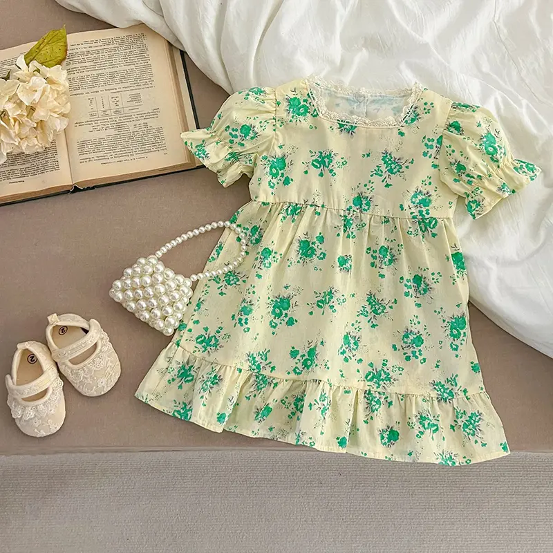 2025 Summer Girl's Sweet Dress Green Flowers Children's Lace Casual Dress Baby Kids Dress Sweet Elegant Girls Princess Dress