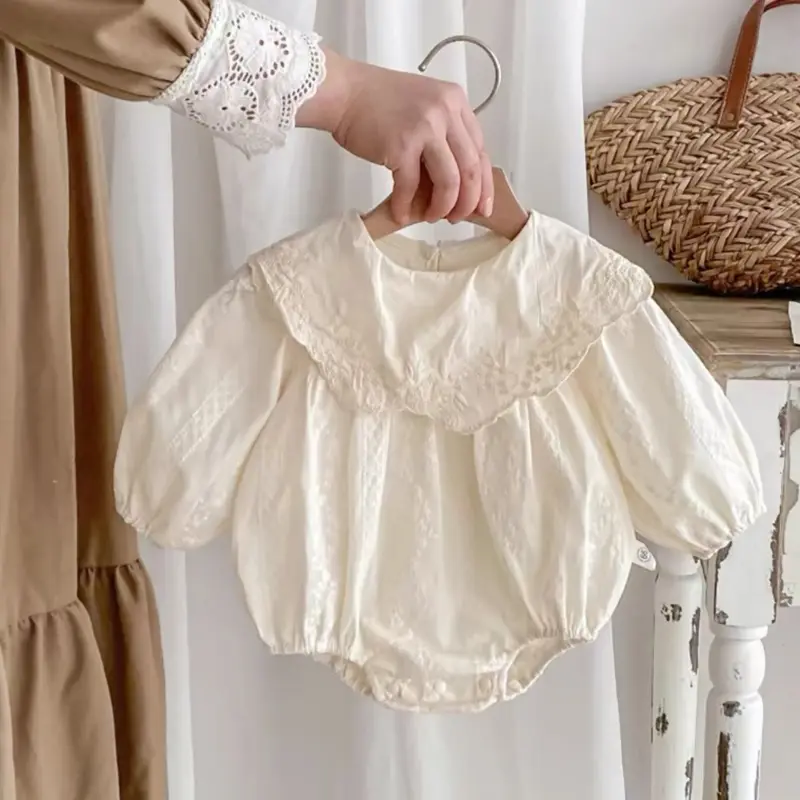 Autumn Baby Girl Romper Baby Girl Clothes Cotton Embroidered Lapel Baby Girl's One Piece Clothes Short Sleeve Climbing Clothes