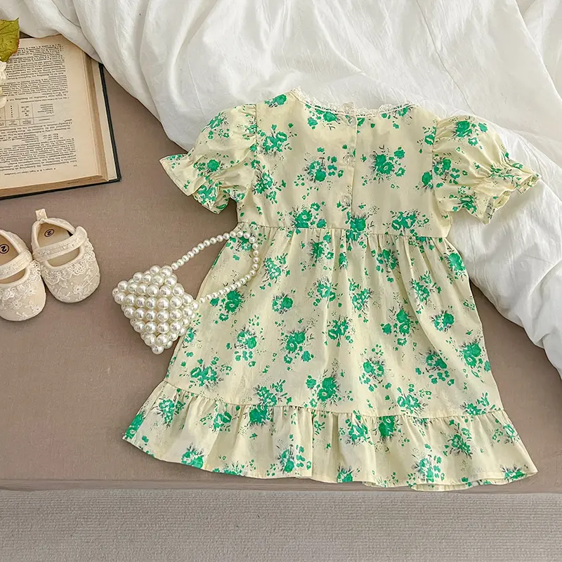 2025 Summer Girl's Sweet Dress Green Flowers Children's Lace Casual Dress Baby Kids Dress Sweet Elegant Girls Princess Dress