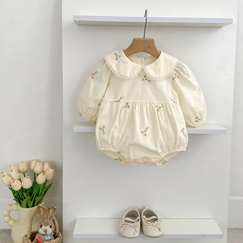 0-2Yrs Newborn Bodysuit Clothes Fashion Baby Romper Embroidered Flowers Princess Bow Romper Long Sleeves Infant Girl Jumpsuit