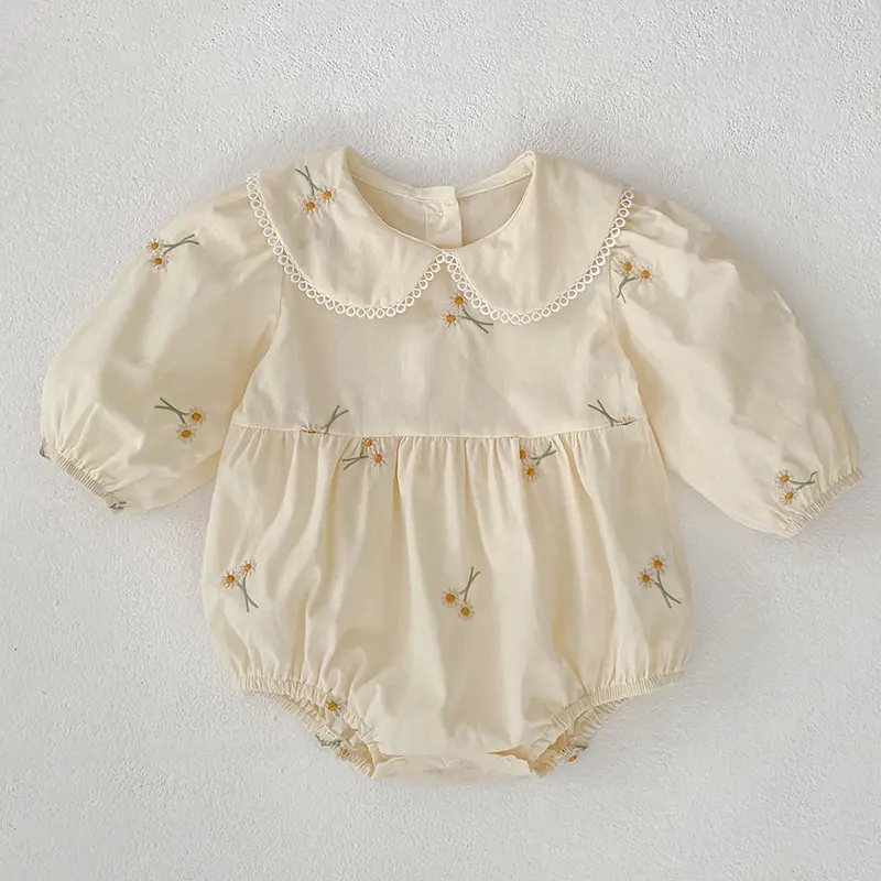 0-2Yrs Newborn Bodysuit Clothes Fashion Baby Romper Embroidered Flowers Princess Bow Romper Long Sleeves Infant Girl Jumpsuit