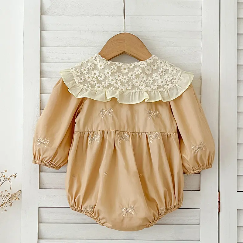 Newborn Baby Girl Romper Lace Bow Ribbon Ruffle Jumpsuit Long Sleeve Infant Toddler Floral Onesie Spring Embroidery Baby Clothes