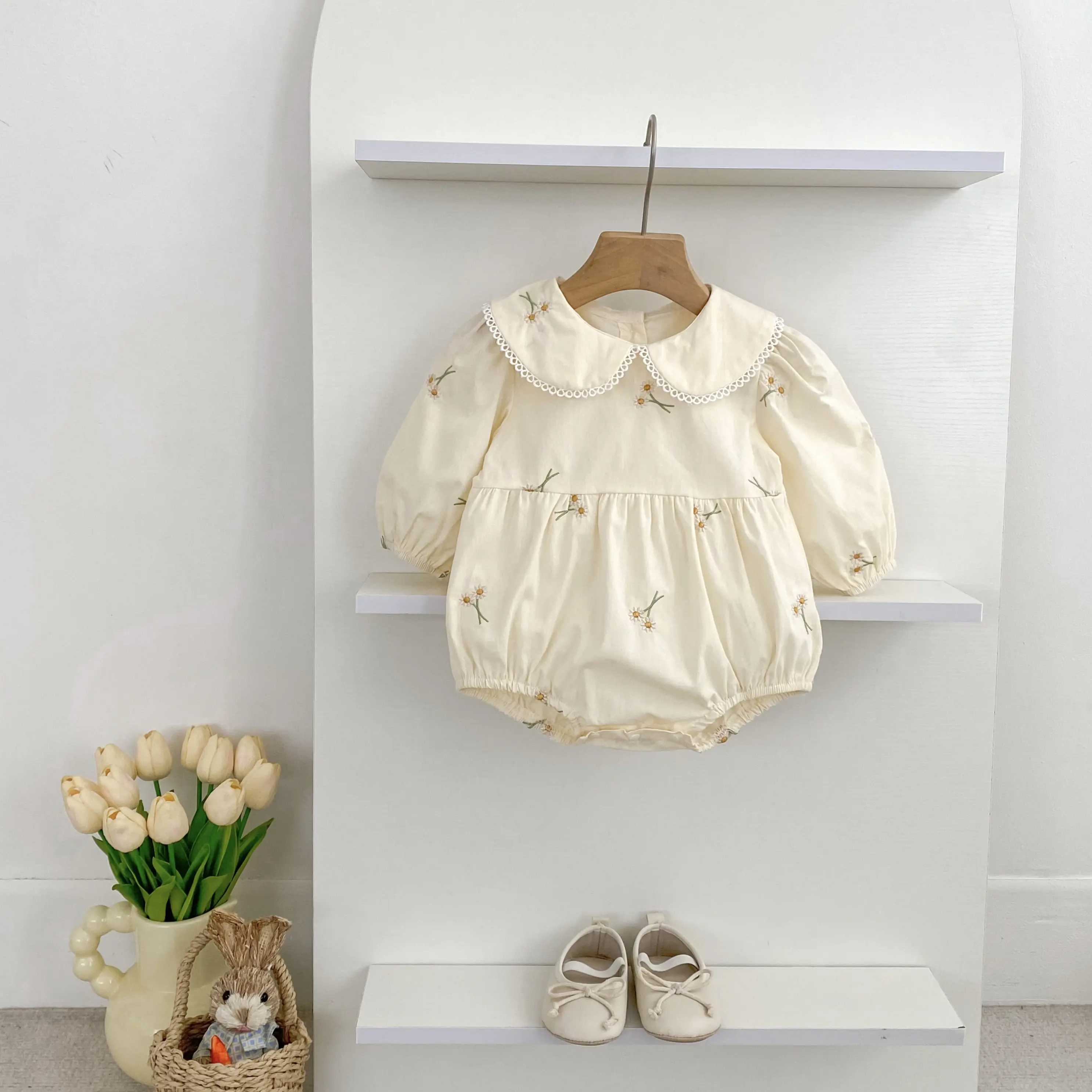 0-2Yrs Newborn Bodysuit Clothes Fashion Baby Romper Embroidered Flowers Princess Bow Romper Long Sleeves Infant Girl Jumpsuit