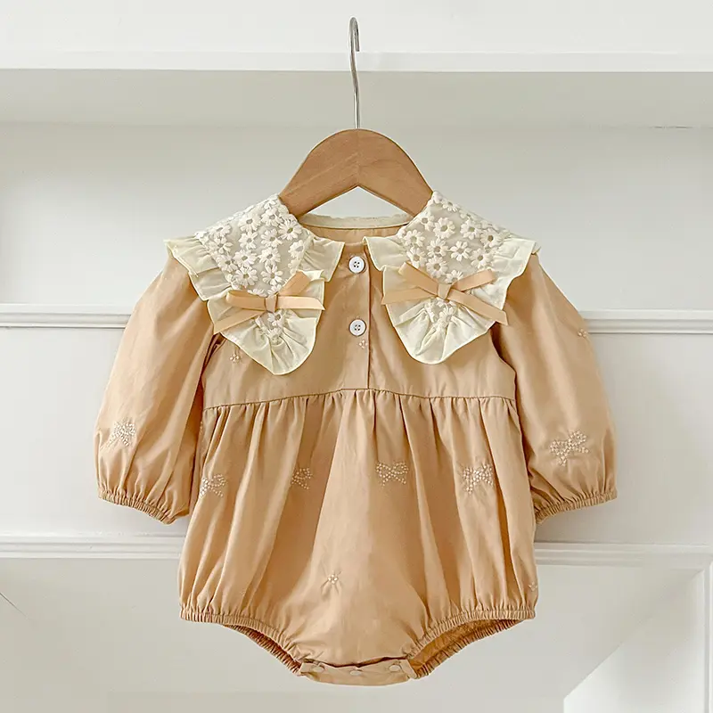 Newborn Baby Girl Romper Lace Bow Ribbon Ruffle Jumpsuit Long Sleeve Infant Toddler Floral Onesie Spring Embroidery Baby Clothes