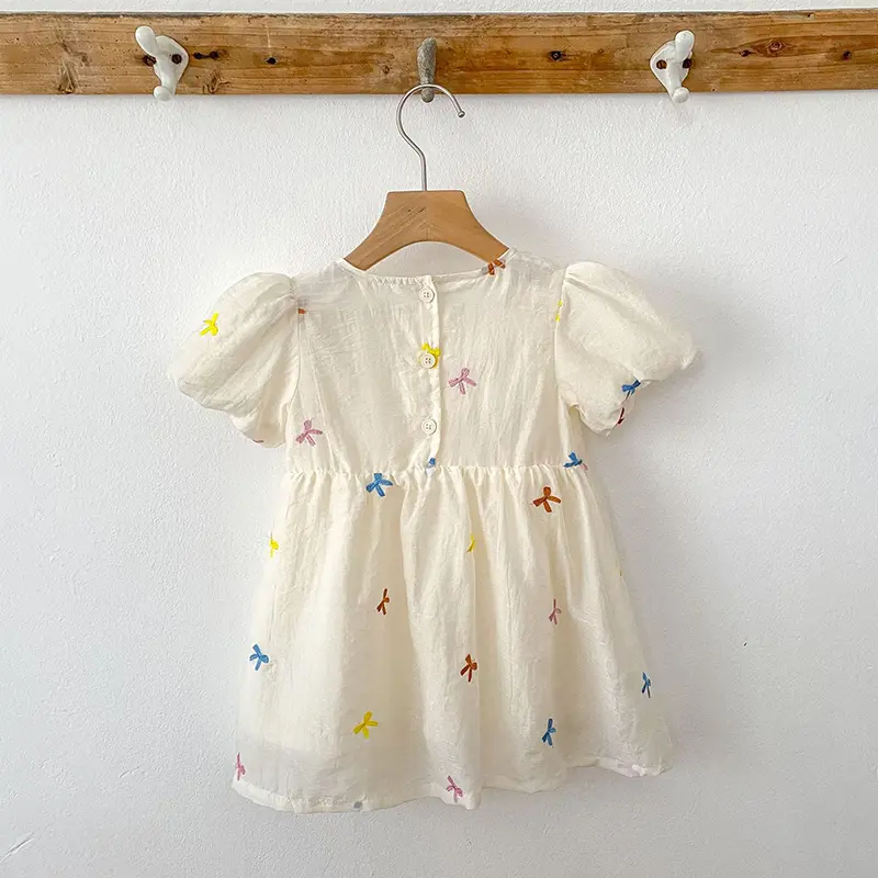 Fashion Kids Clothing Baby Girls Dress Embroidered Bow Puff Sleeve Cotton Backless Baby Girl Infant Princess Dress Party Dresses