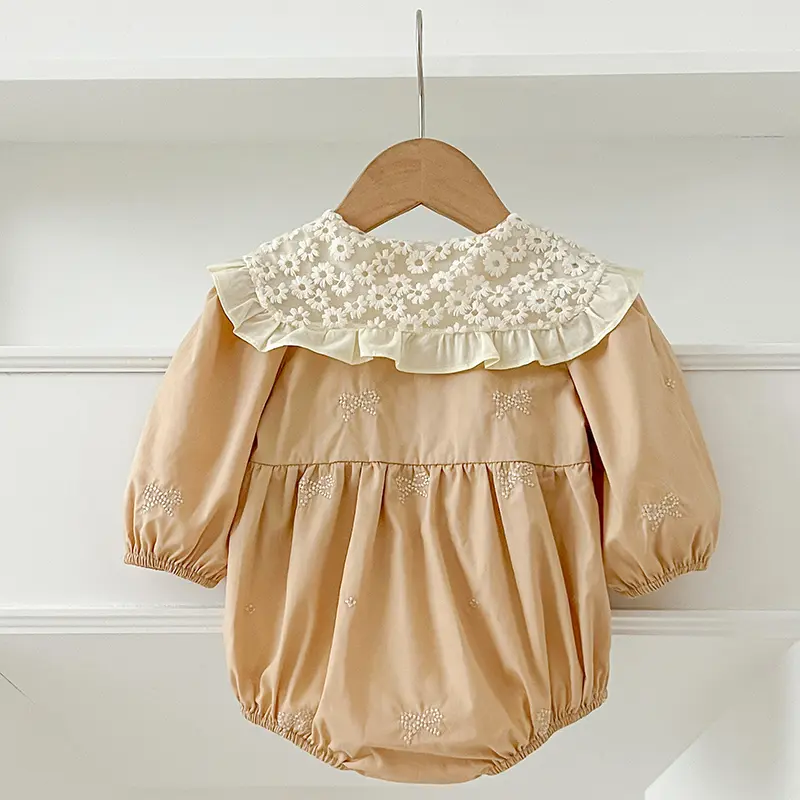 Newborn Baby Girl Romper Lace Bow Ribbon Ruffle Jumpsuit Long Sleeve Infant Toddler Floral Onesie Spring Embroidery Baby Clothes