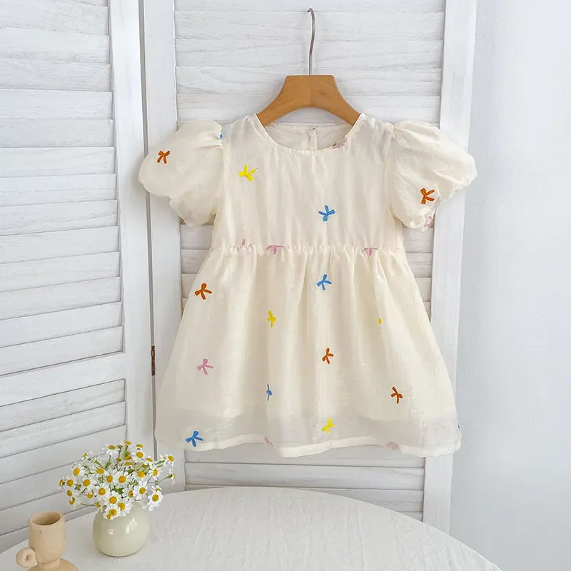 Fashion Kids Clothing Baby Girls Dress Embroidered Bow Puff Sleeve Cotton Backless Baby Girl Infant Princess Dress Party Dresses