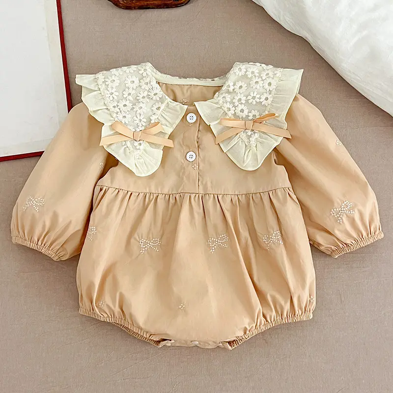 Newborn Baby Girl Romper Lace Bow Ribbon Ruffle Jumpsuit Long Sleeve Infant Toddler Floral Onesie Spring Embroidery Baby Clothes