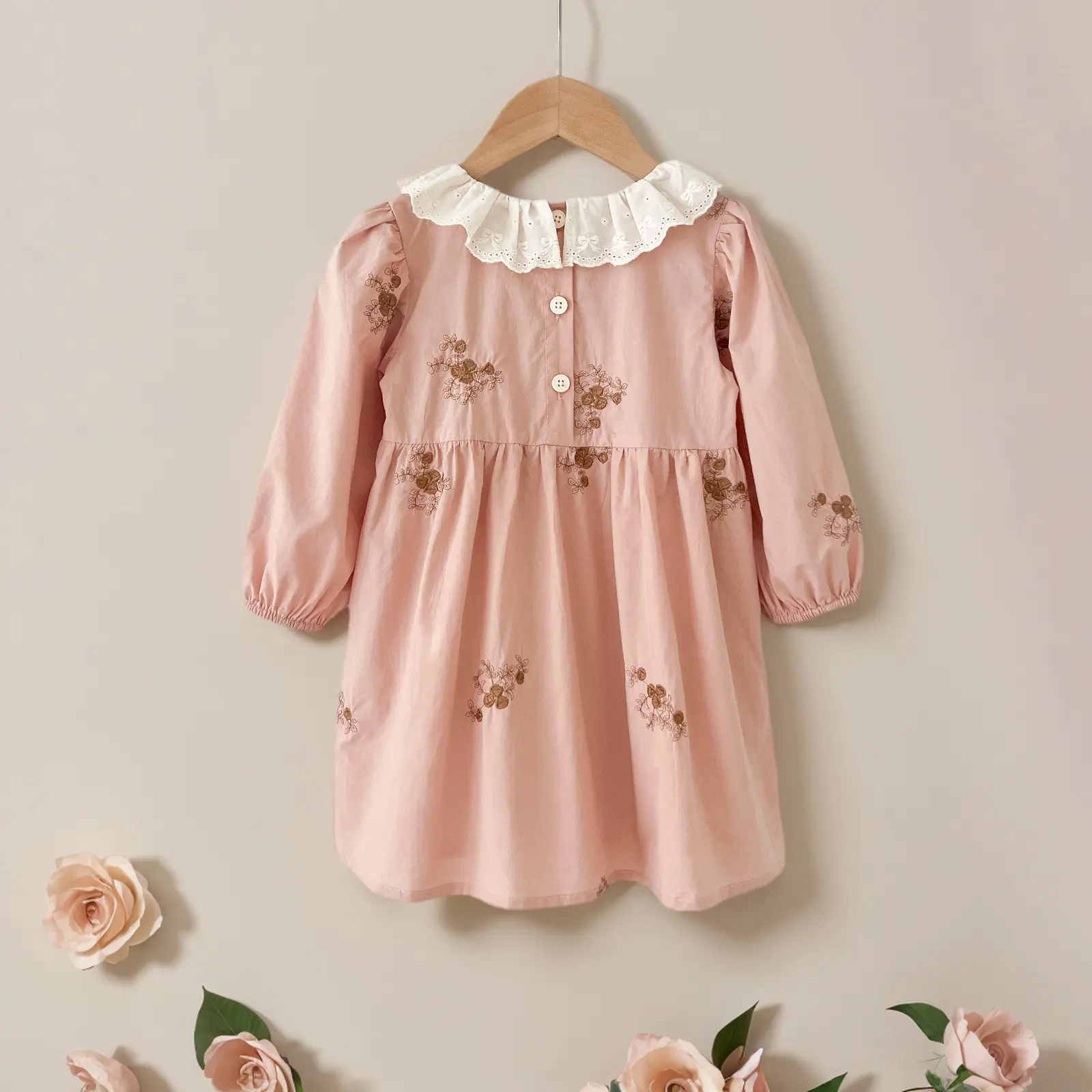 2025 Spring New Girls Dress Pink Little Girl Lace Collar Dress Cotton Baby Embroider Princess Dress Princess Kids Dress