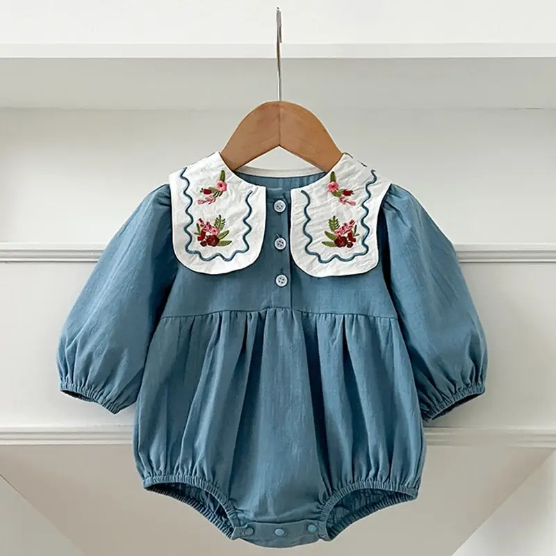 2024 Fashion Baby Romper 0-2Yrs Newborn Bodysuit Embroidered Flowers Clothing Peter Pan Collar Long Sleeves Infant Girl Jumpsuit