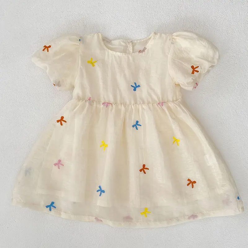 Fashion Kids Clothing Baby Girls Dress Embroidered Bow Puff Sleeve Cotton Backless Baby Girl Infant Princess Dress Party Dresses