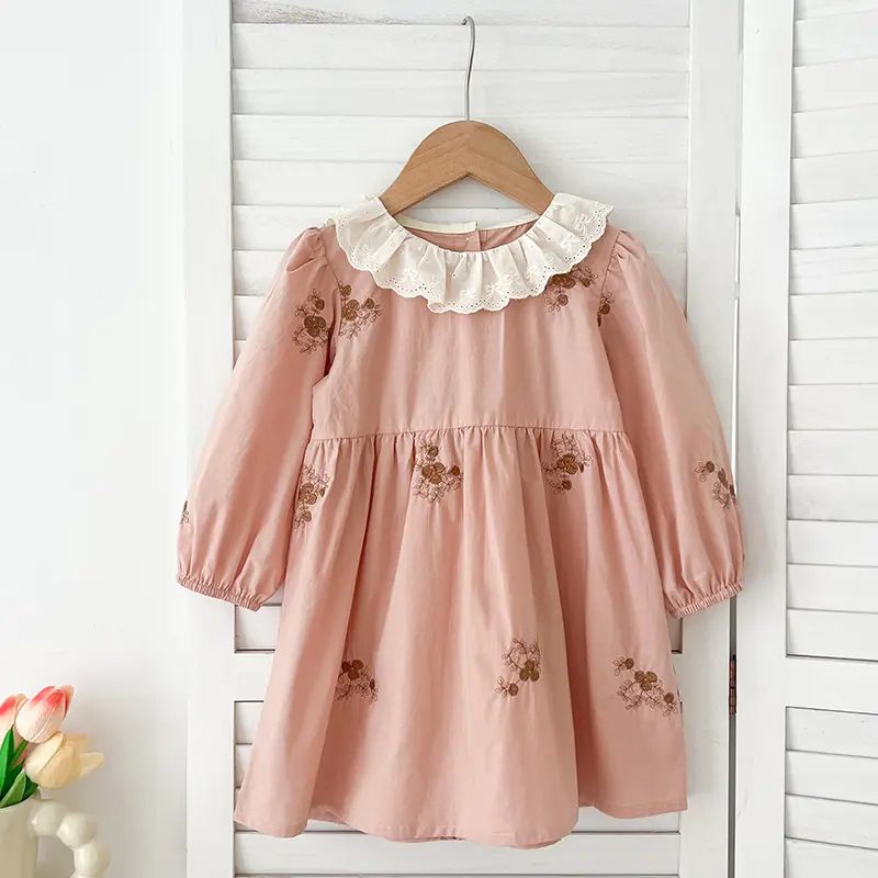 2025 Spring New Girls Dress Pink Little Girl Lace Collar Dress Cotton Baby Embroider Princess Dress Princess Kids Dress