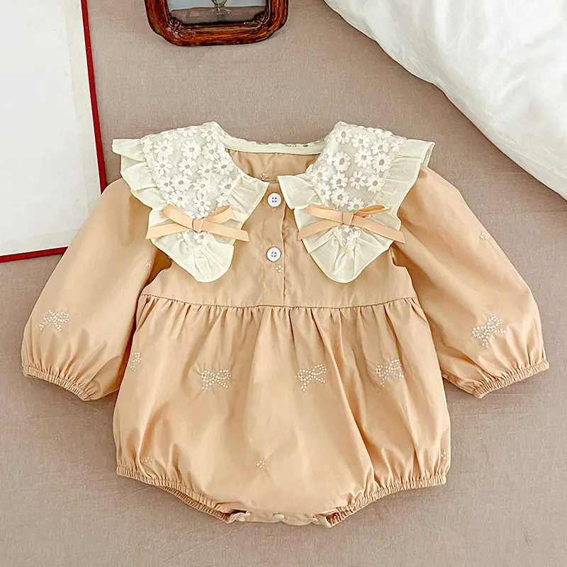 Newborn Baby Girl Romper Lace Bow Ribbon Ruffle Jumpsuit Long Sleeve Infant Toddler Floral Onesie Spring Embroidery Baby Clothes
