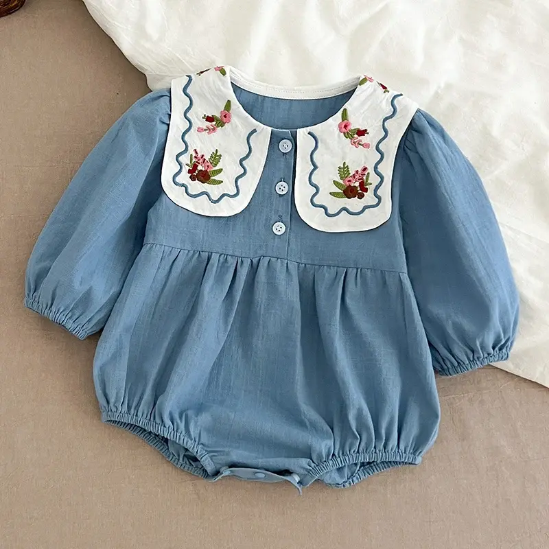 2024 Fashion Baby Romper 0-2Yrs Newborn Bodysuit Embroidered Flowers Clothing Peter Pan Collar Long Sleeves Infant Girl Jumpsuit