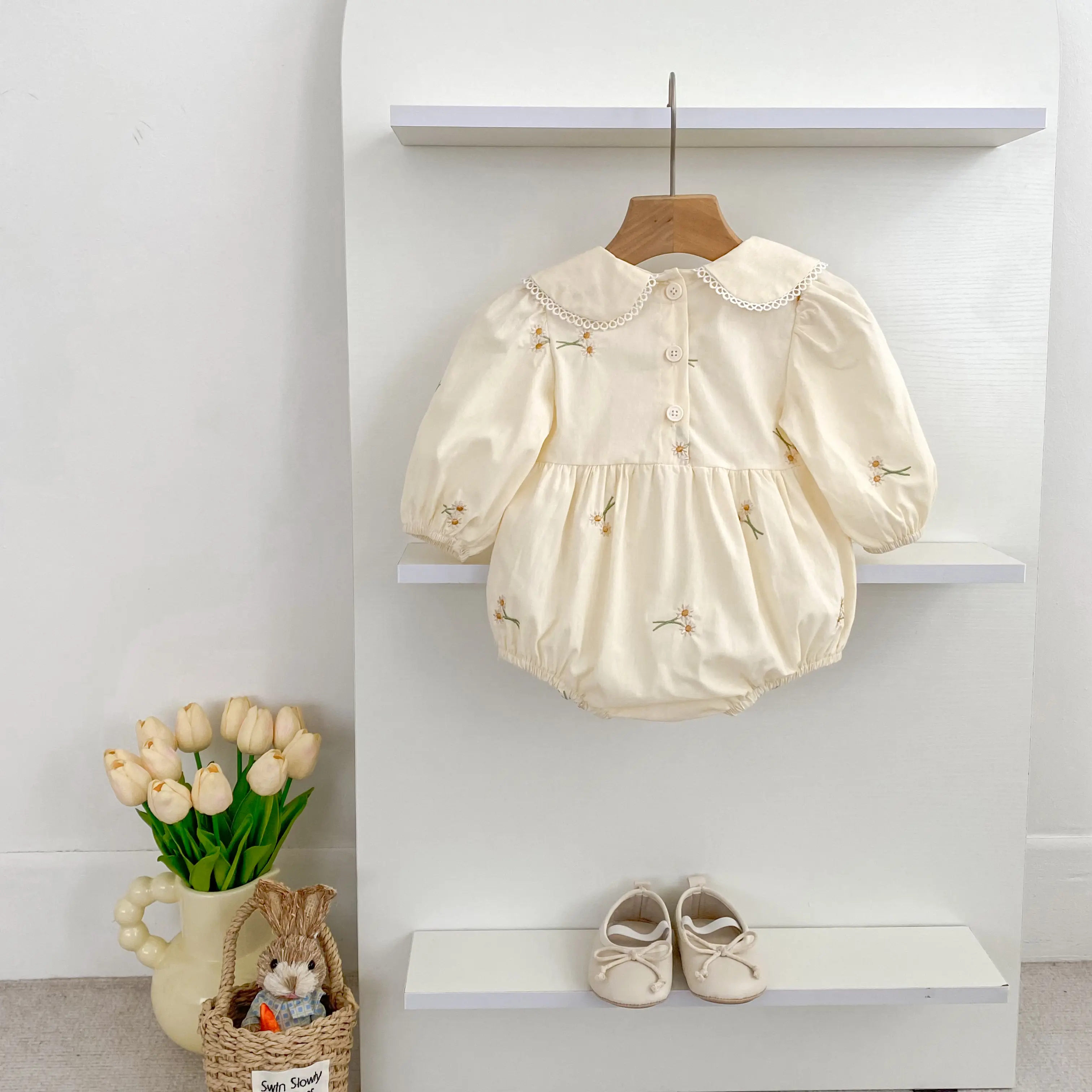 0-2Yrs Newborn Bodysuit Clothes Fashion Baby Romper Embroidered Flowers Princess Bow Romper Long Sleeves Infant Girl Jumpsuit