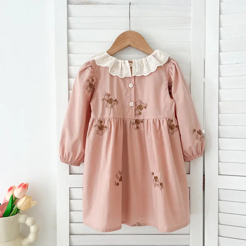 2025 Spring New Girls Dress Pink Little Girl Lace Collar Dress Cotton Baby Embroider Princess Dress Princess Kids Dress