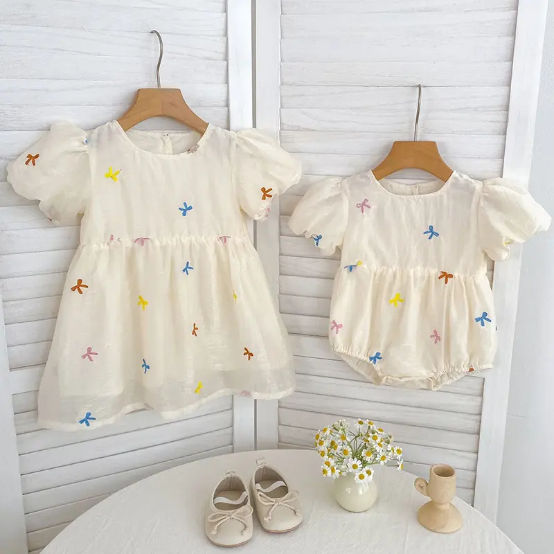Fashion Kids Clothing Baby Girls Dress Embroidered Bow Puff Sleeve Cotton Backless Baby Girl Infant Princess Dress Party Dresses