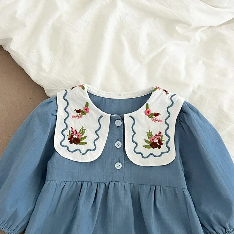 2024 Fashion Baby Romper 0-2Yrs Newborn Bodysuit Embroidered Flowers Clothing Peter Pan Collar Long Sleeves Infant Girl Jumpsuit